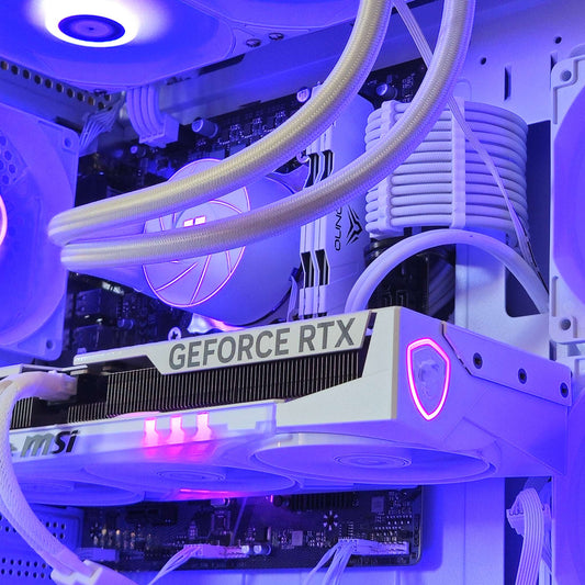 Close up of mid tier gaming PC GPU - NVIDIA RTX 5060Ti, water cooled AIO, intel i5 CPU.