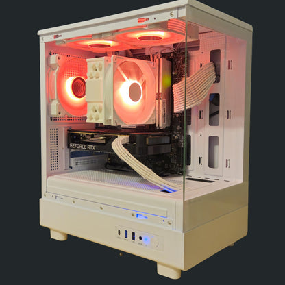 Open computer case with visible components on a black background