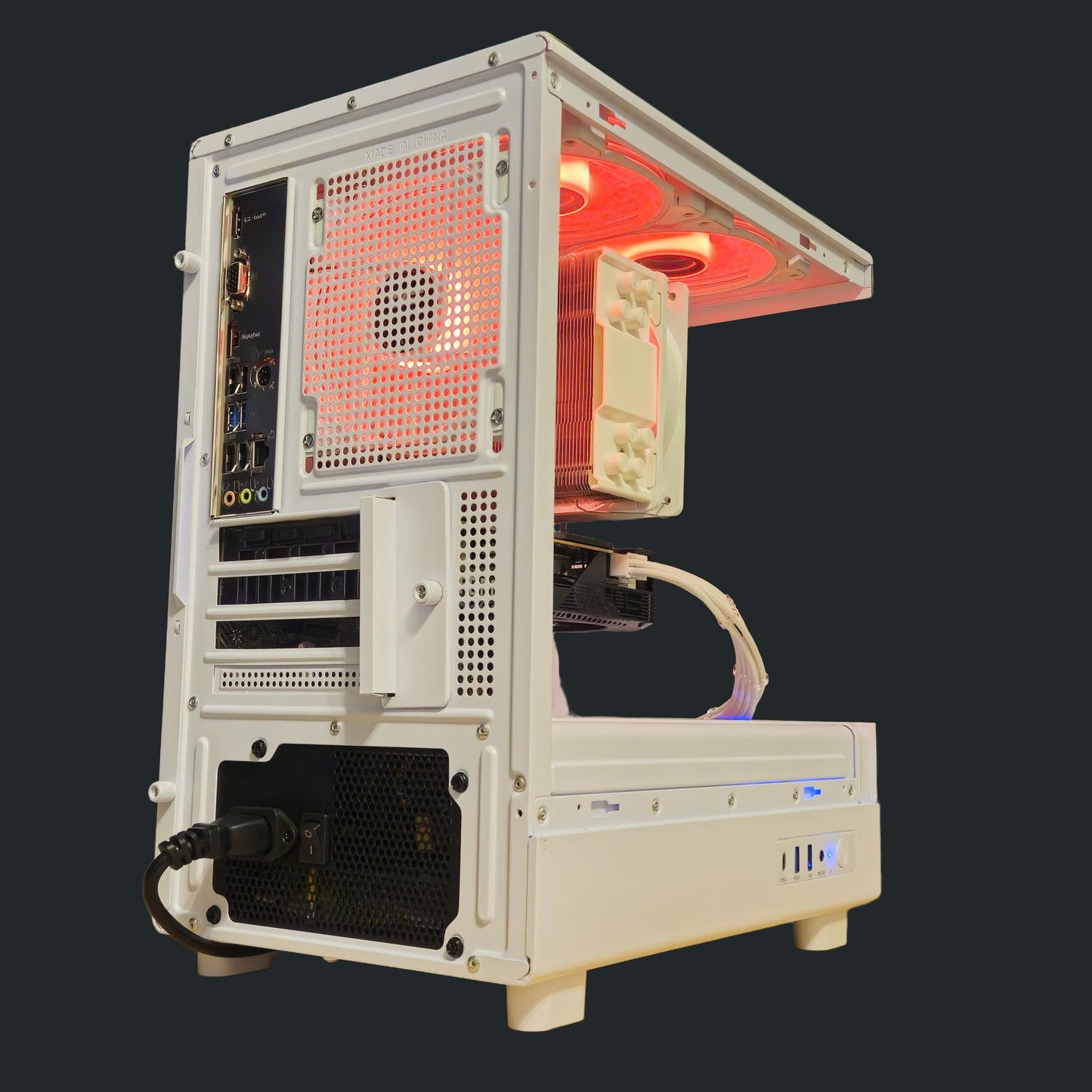 Custom gaming PC with RGB controller and white case with NVIDIA graphics.
