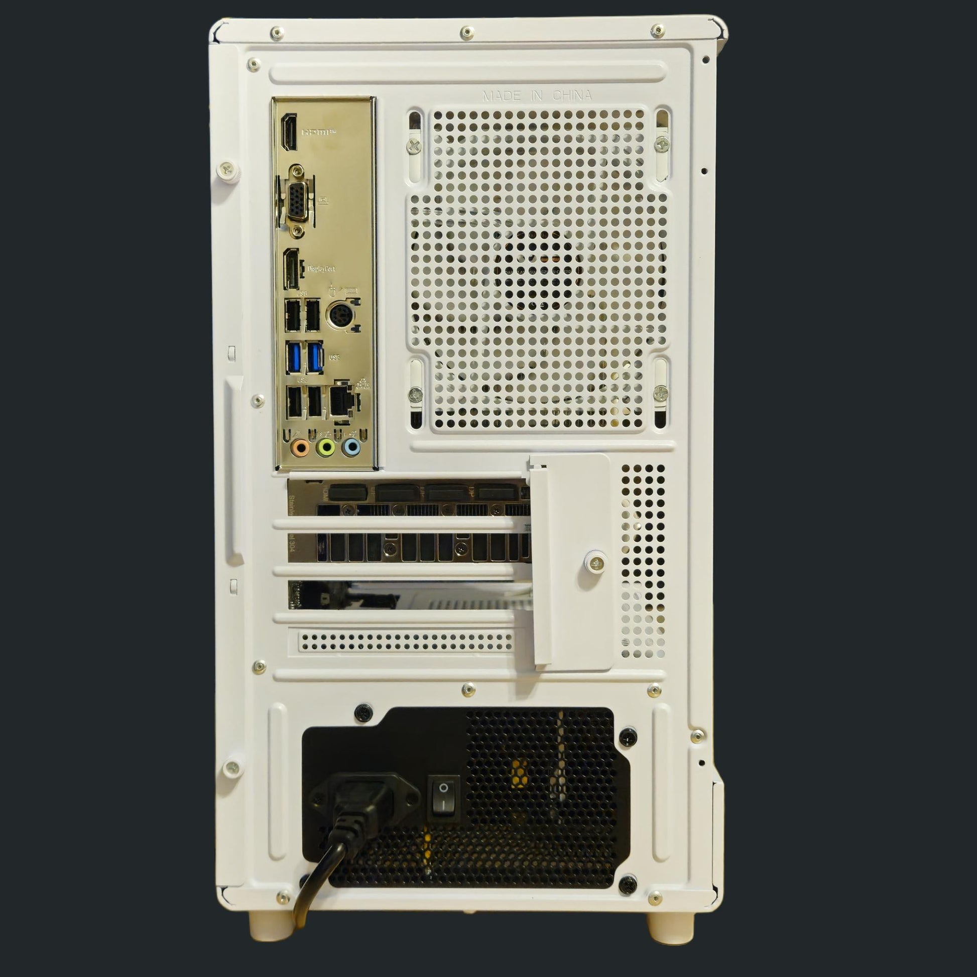 Rear view of a computer case with various components on a black background