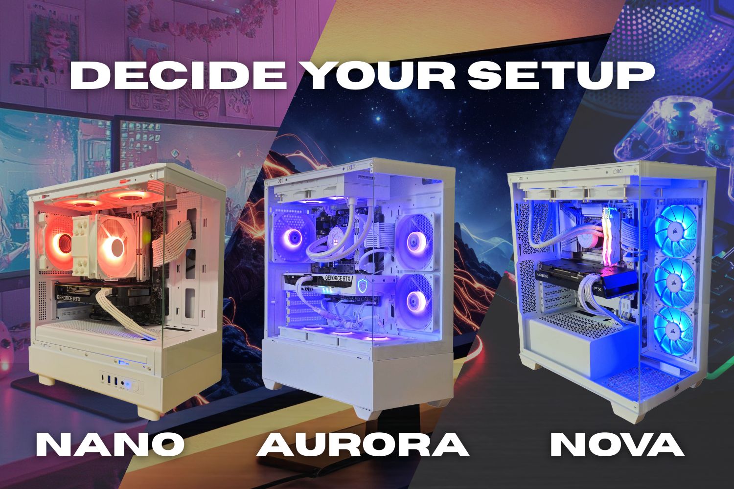 Three gaming PCs labeled 'Nano', 'Aurora', and 'Nova' tiers built in Hawaii for sale.