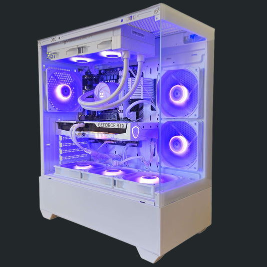 Product image for a mid tier gaming pc with all white components and water cooling