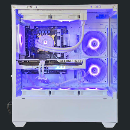 Side view of mid tier gaming pc for sale with clean white and rgb case