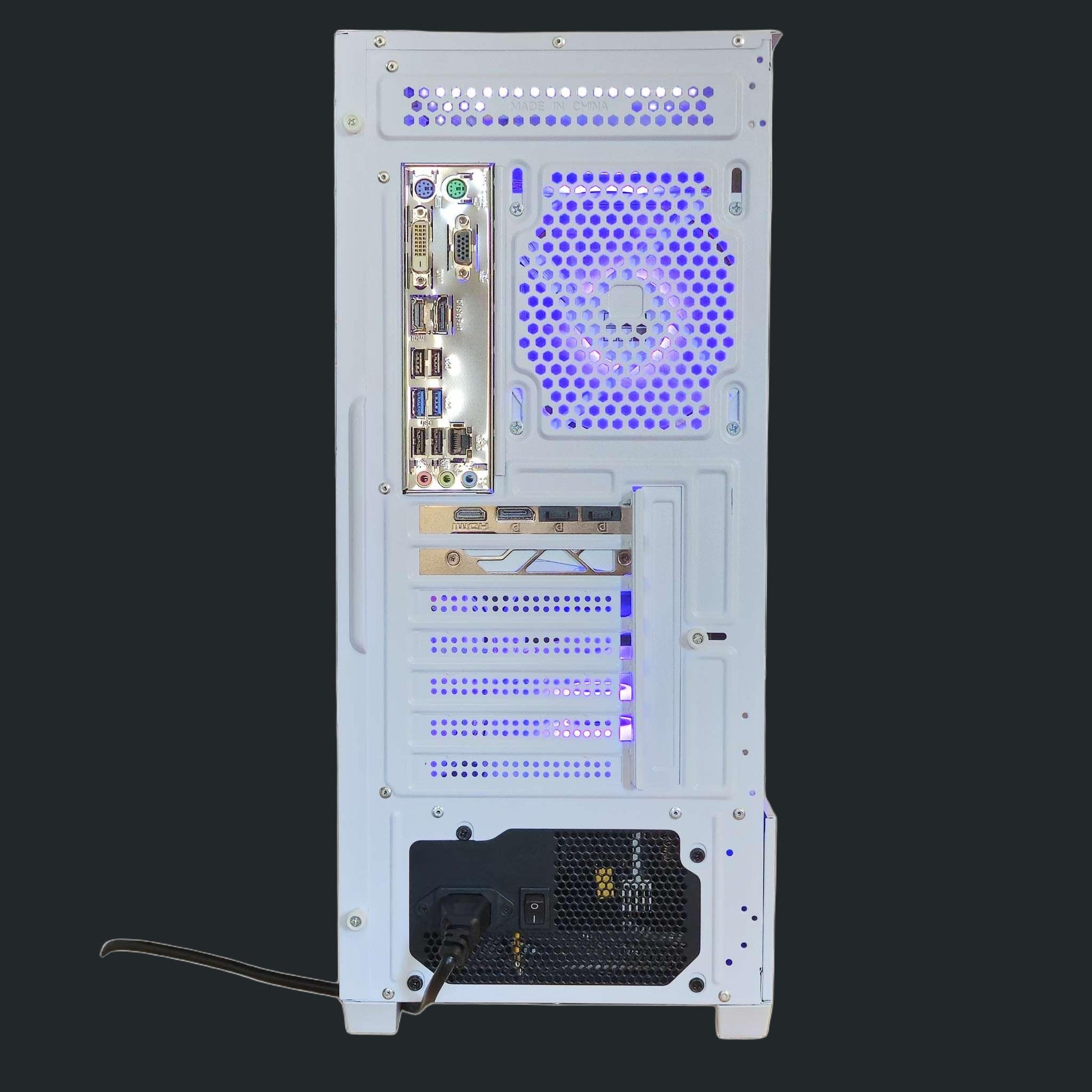 Back view of a computer case with internal components for sale