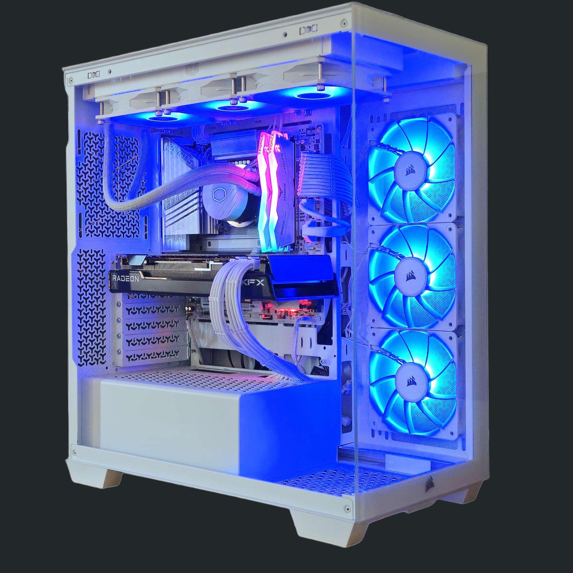 Open computer case with RGB lighting and visible components on a black background
