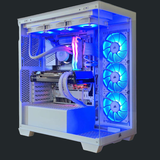 Open computer case with RGB lighting and visible components on a black background