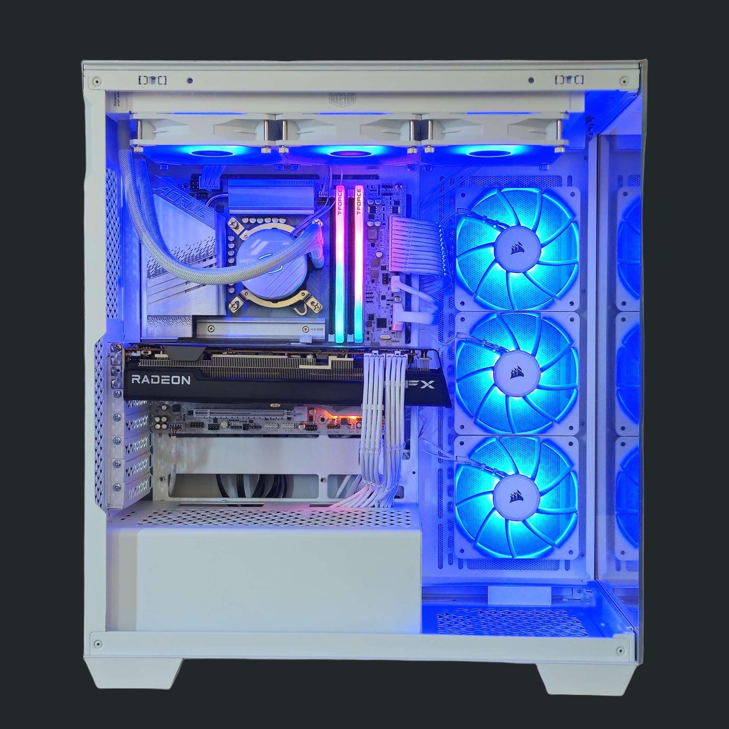 gaming pc with rgb components and open case