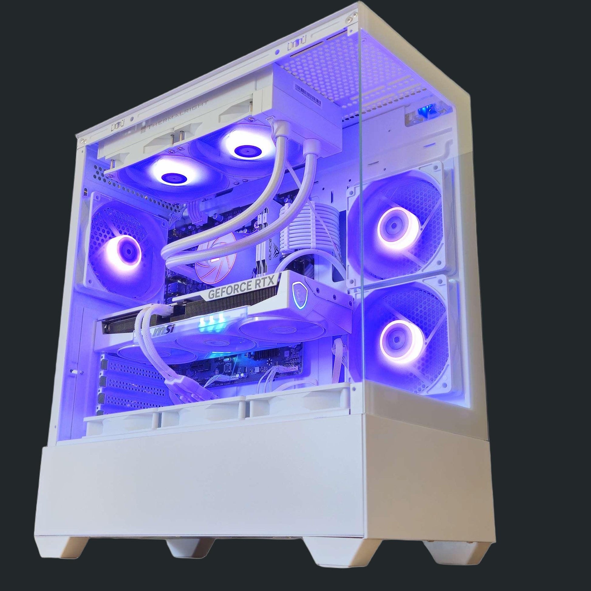 Clean white Gaming PC with RGB and NVIDIA RTX 5060 Ti graphics. 